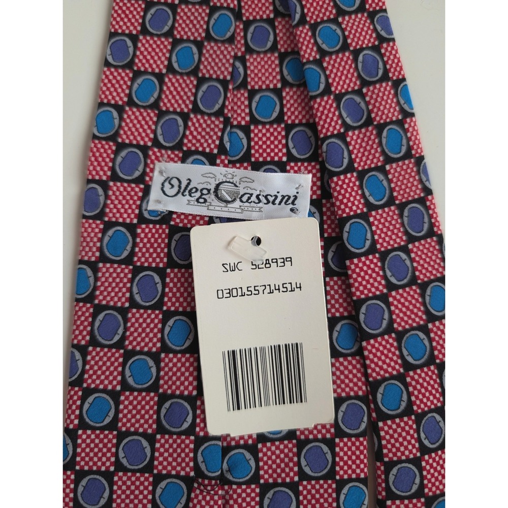 Oleg Cassini Mens Silk Tie Red Blue Geometric Checkered Handmade in Italy 57 x 4 - Picture 6 of 6